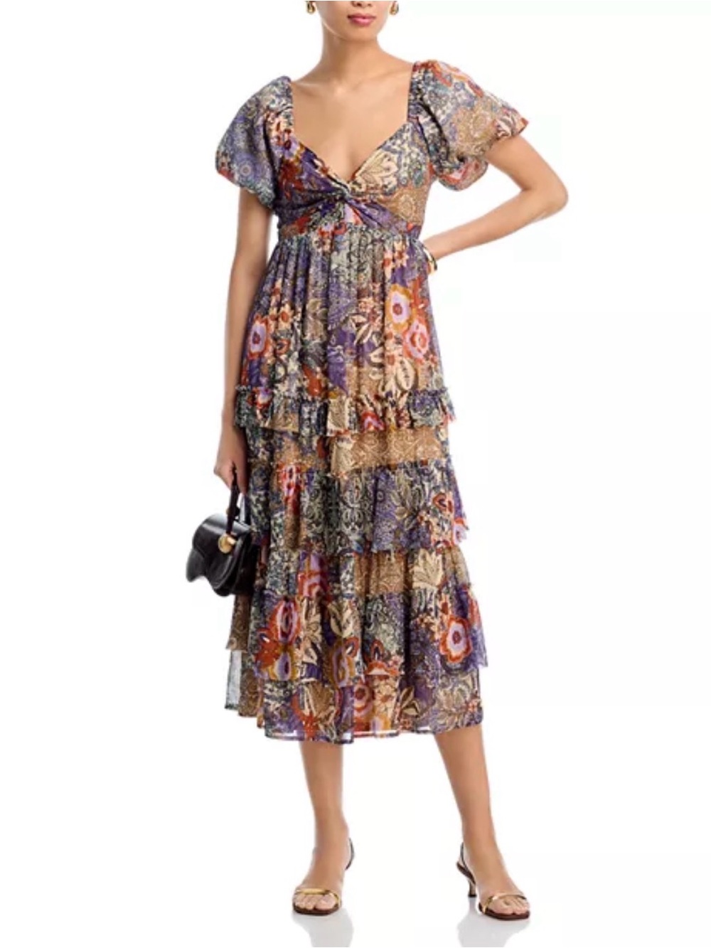 AQUA Metallic Floral Patchwork Print Tiered Ruffle Midi Boho Dress Retro XXL